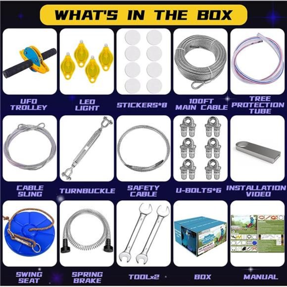 100FT Zip Lines for Kids and Adults Outdoor with UFO Light Up Zipline Trolley - Picture 5 of 6